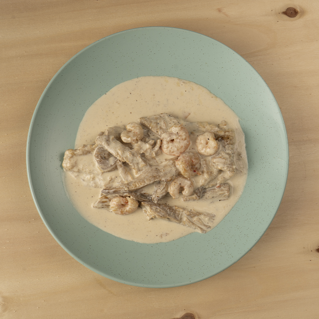 Lenguado a la crema de setas y gambas